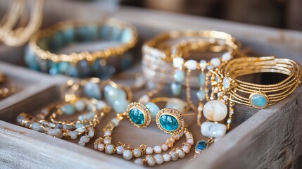 A close-up view of beautifully arranged gold jewelry showcasing elegant bracelets and stunning earrings, perfect for fashion lovers.