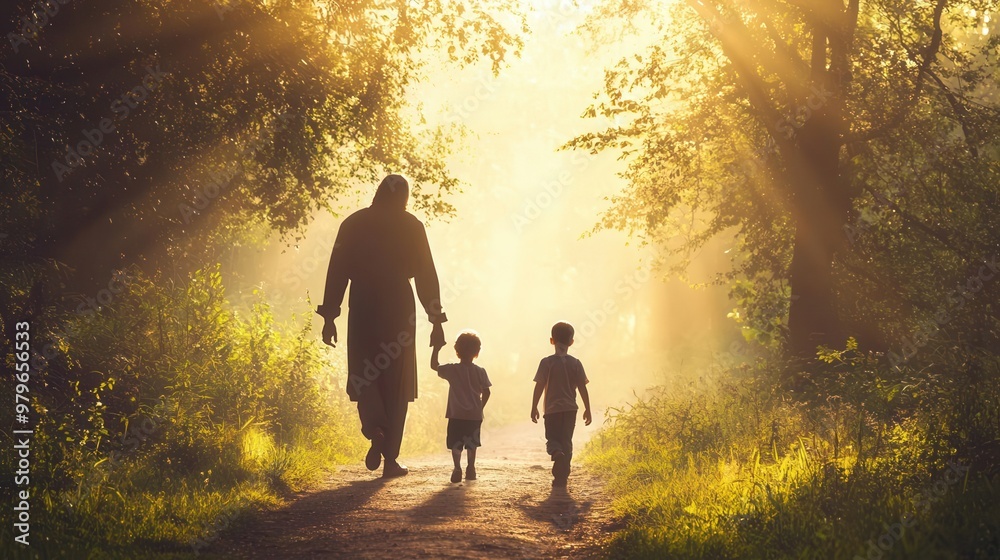 Jesus walking with children through a forest path, light filtering ...