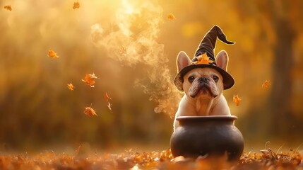 A whimsical dog wearing a witch hat sits in a cauldron amidst falling autumn leaves, capturing the spirit of Halloween.