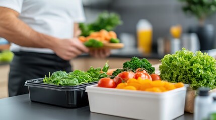 A man is preparing a salad with lettuce and tomatoes on a wooden cutting board.