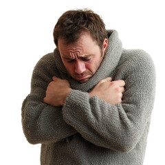 A man with his shoulders hunched and arms wrapped around himself, looking down with a worried expression isolated on transparency background