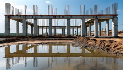 Wall Mural - Monolithic-frame building under construction with reinforced concrete columns and flooded pit at the site