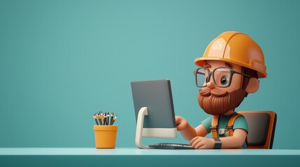 Adorable 3D model of an engineer working on a computer, isolated on a clean background, showcasing a professional yet charming representation of modern technology and engineering work.