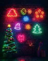 Wall Mural - neon chirsmas symbols on brick wall