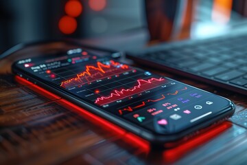 Poster - A phone with a red screen showing a graph of stock prices