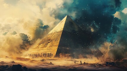 A majestic pyramid rises amidst dramatic clouds, evoking mystery and ancient civilization.