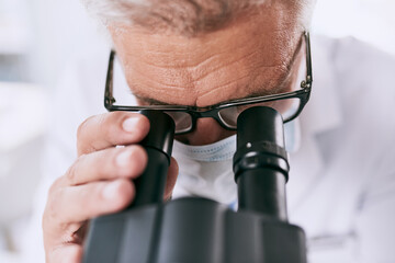 Poster - Breakthrough, microscope and science with mature man in laboratory for medical innovation or research. Discovery, pharmaceuticals and tech with face of biology scientist at work on clinical trial