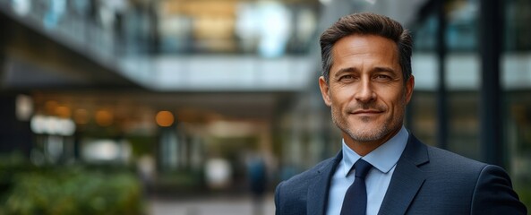 Portrait of a mature middle-aged Caucasian man in a business suit outdoors with a blurred business center in the background. businessman in the city, copy space.