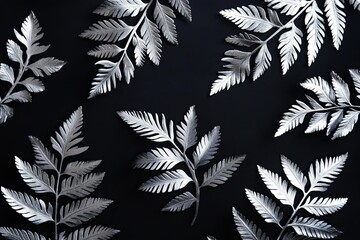 Wall Mural - Silver Fern Leaves on Black