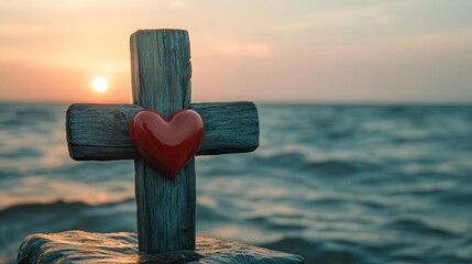 A wooden Christian cross with a red heart, illuminated by soft morning light over the calm sea, representing love and salvation.