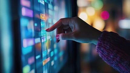 Poster - Woman's Hand Interacting with a Digital Display Showing Data and Information