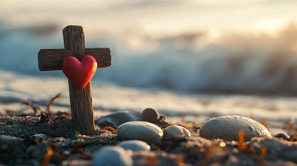 A wooden cross and a red heart placed on the shore, bathed in the warm light of morning, symbolizing faith and love.