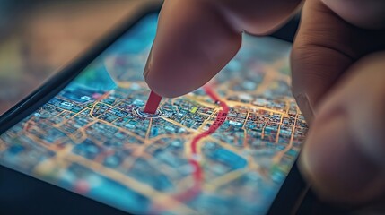 Poster - Close-up of a finger pointing at a location on a digital map displayed on a smartphone