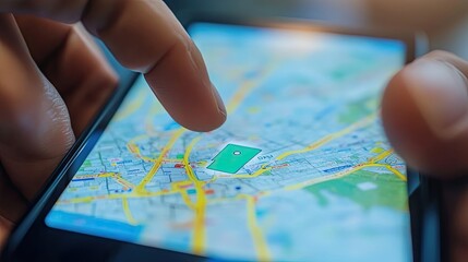 Poster - Close-up of a finger interacting with a map on a smartphone screen