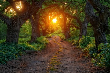 Wall Mural - A path through a forest with trees on either side