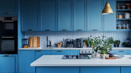 Poster - A blue kitchen with a white countertop and blue cabinets