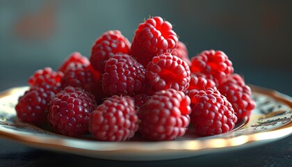 Wall Mural - Vibrant close-up of raspberries on a plate showcasing stunning color contrast for artistic visual comparison