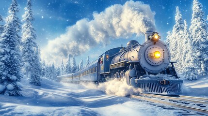 A vintage steam train travels through a picturesque snowy landscape, surrounded by tall pine trees and a clear blue sky.