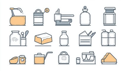 Wall Mural - Dairy Processing thin line icon set. Including milk pasteurization, cheese production, butter churning, yogurt fermentation, and packaging 