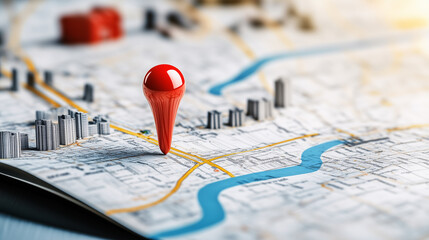 Wall Mural - red pin is marking a specific location on a 3d city map with buildings and a river