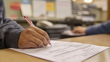 Poster - Person filling out a form with a red pen