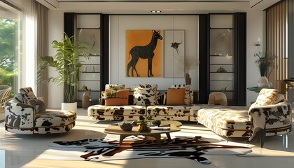 Bright and airy modern living room with animal print accents and ample natural light