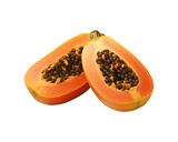 Fresh papaya fruit, one whole and one sliced, showcasing their vibrant colors and black seeds. Perfect for food blogs or health articles