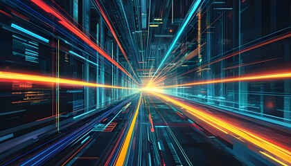 Wall Mural - Futuristic technology backdrop featuring glowing lines illustrating speed and motion, symbolizing rapid digital connectivity and dynamic data flow for internet transportation concepts