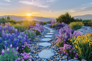 Wall Mural - A path through a garden with a sunset in the background