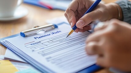 Poster - Person Filling Out a Plemmons Vests Form with a Blue Pen