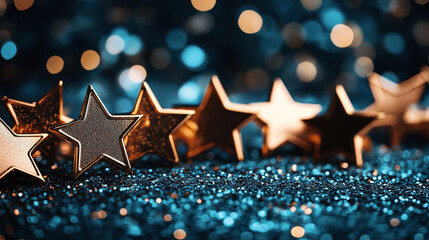 Sticker - Gold stars on a glittery surface with bokeh lights in the background, creating a festive and celebratory atmosphere.