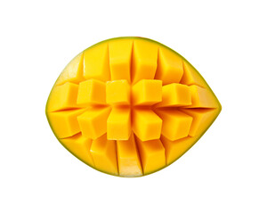 Half yellow mango diced on a white background, perfect for food blogs, recipe books, or tropical fruit advertisements and packaging designs. Generative AI