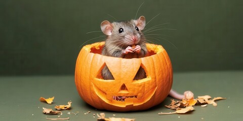 Curious Rat in Halloween Spirit - Adorable rodent sitting inside carved pumpkin, eating seeds, on olive green background.