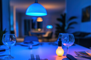 Sticker - A Close-Up Of Smart Light Bulbs Changing Colors In A Stylish Dining Room, Highlighting The Ambiance Created By Smart Home Technology During A Dinner Gathering