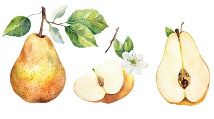 Sticker - Artistic watercolor drawing painting of pear fruit and cut