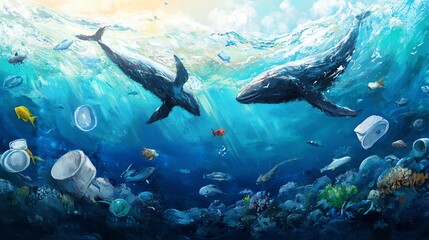 Two majestic whales swim through a vibrant underwater scene filled with marine life and plastic pollution, highlighting ocean conservation.