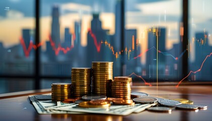 Wall Mural - City skyline backdrop showcasing cash and coins, representing themes of wealth and investment alongside financial graphs