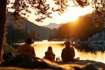 Canvas Print - Family Having Picnic At Lake