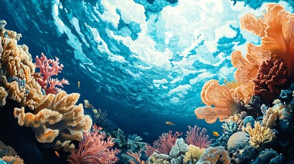 Wall Mural - Vibrant underwater scene showcasing colorful coral reefs and diverse marine life under bright sunlight.