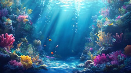 Wall Mural - Vibrant underwater scene with colorful corals and gentle sunlight illuminating the ocean floor, showcasing marine beauty.