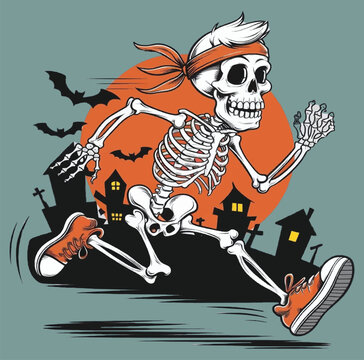 Sporty Skeleton Halloween T-Shirt Design with Vibrant Orange Accents