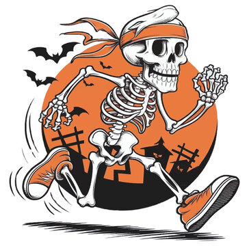 Sporty Skeleton Halloween T-Shirt Design with Vibrant Orange Accents