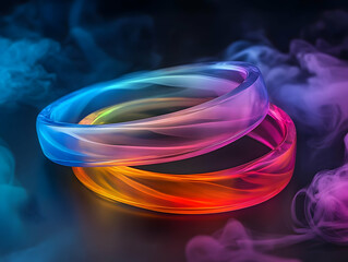Poster - Colorful translucent rings emitting vibrant light amidst swirling smoke, creating a mystical and captivating visual effect.