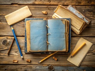 Vintage blue book with worn covers and yellowed index card lying open on a distressed wooden desk, surrounded by scattered notes and pencils.