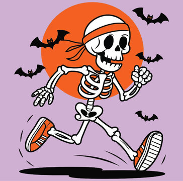 Sporty Skeleton Halloween T-Shirt Design with Vibrant Orange Accents