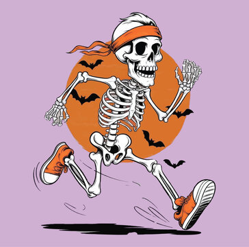 Sporty Skeleton Halloween T-Shirt Design with Vibrant Orange Accents