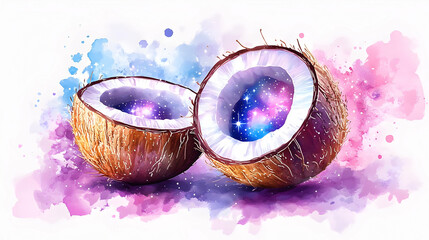 Vibrant watercolor artwork of two coconut halves with a cosmic interior, blending nature and fantasy in a stunning visual.