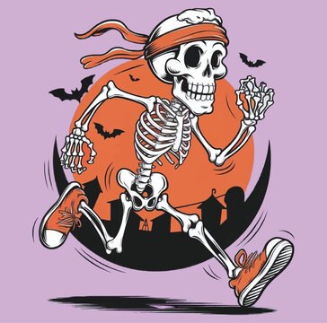 Sporty Skeleton Halloween T-Shirt Design with Vibrant Orange Accents
