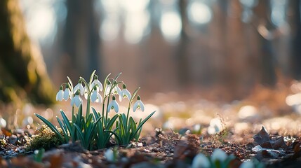 Wall Mural - A serene forest scene featuring delicate snowdrop flowers blooming amidst fallen leaves.