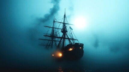 Wall Mural - A sailing ship illuminated by its lights navigates through dense fog at night with the moon shining in the background.